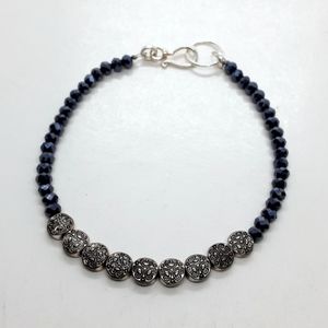 8 inch silver and dark grey glass beaded bracelet